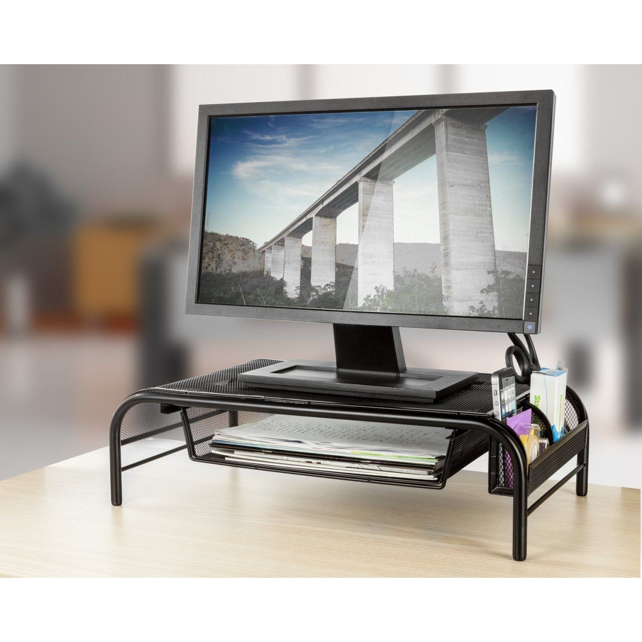 Office Force Raflı Ve 2 Cepli Monitör Ekran Yükseltici Siyah